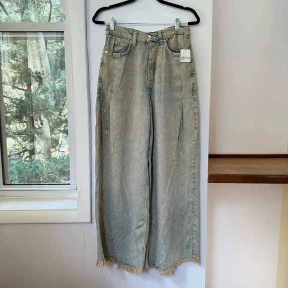 NWT Free People Old West Slouchy Jeans Wide Leg Denim We The Free Blue Tan 28 - Picture 3 of 17